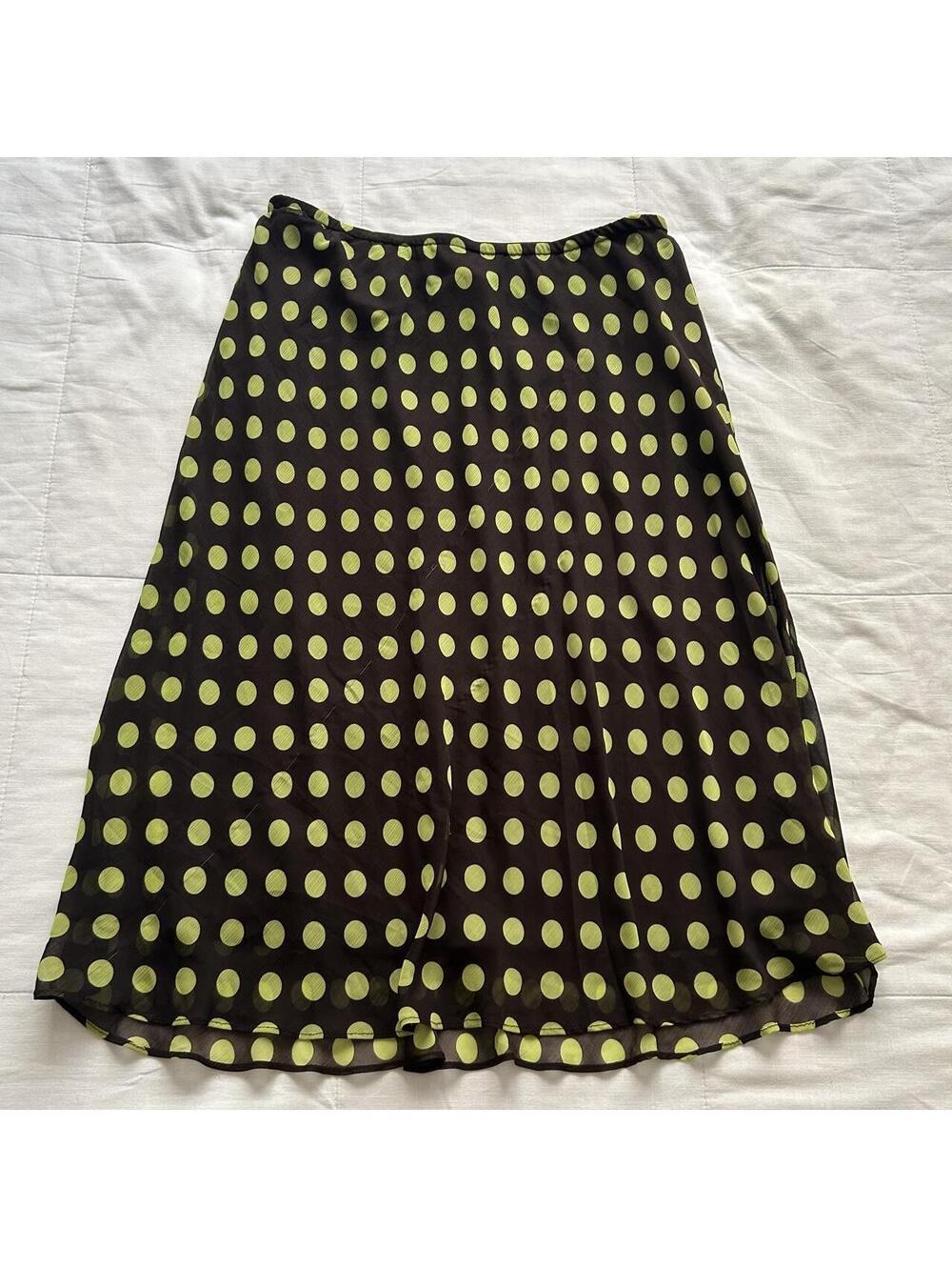 Vintage Brown Lime Green Polka Dot Midi Skirt Sheer A Line Size 14